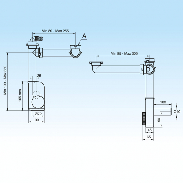 Raumspar - Siphon 1 1/2" Küchenspüle,  super platzsparend,  Wandanschluss 40 + 50mm Lira 9.1290.03